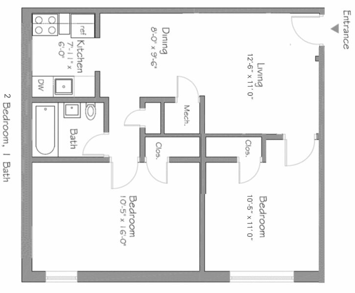 A2 2 Bdrm 1 Bath Floor Plan